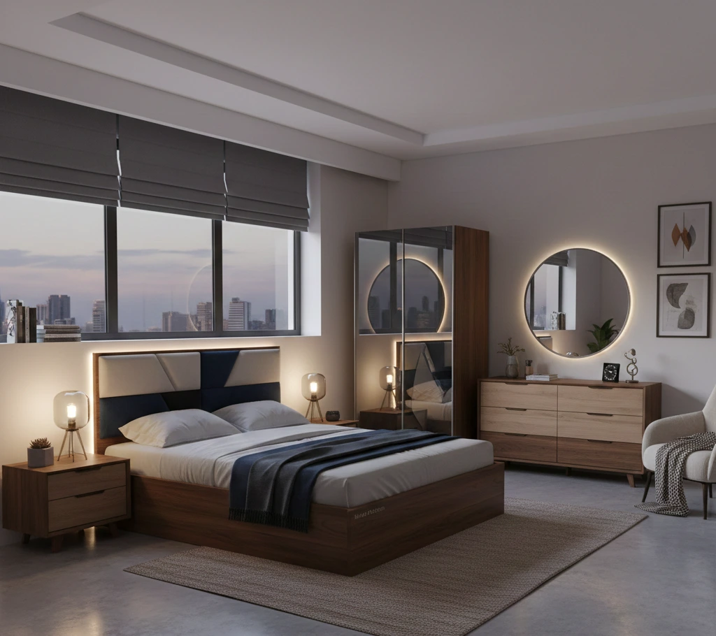 Modern bedroom with a city view features a wooden bed, minimalist decor, soft lighting, round mirror with backlight, and gray accents, showcasing Bespoke Furniture Lahore for a serene feel. luxury furniture design in Lahore