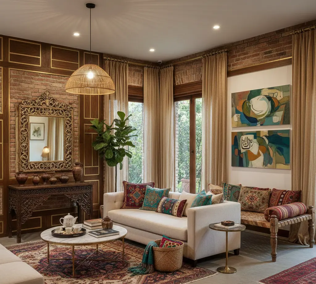 Furniture in Lahore Elegant living room featuring a white sofa with colorful cushions, an ornate mirror, abstract art, patterned rugs, and tall plants, showcasing trending interior design Pakistan with warm tones and a cozy, stylish vibe.