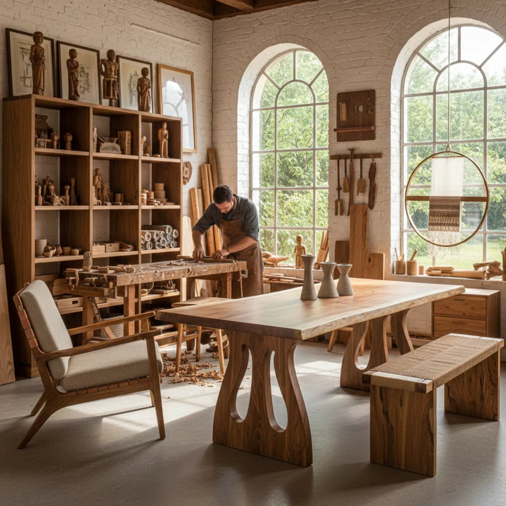 Bright studio where a craftsman carves wood, creating artisan crafted furniture Pakistan with skill.