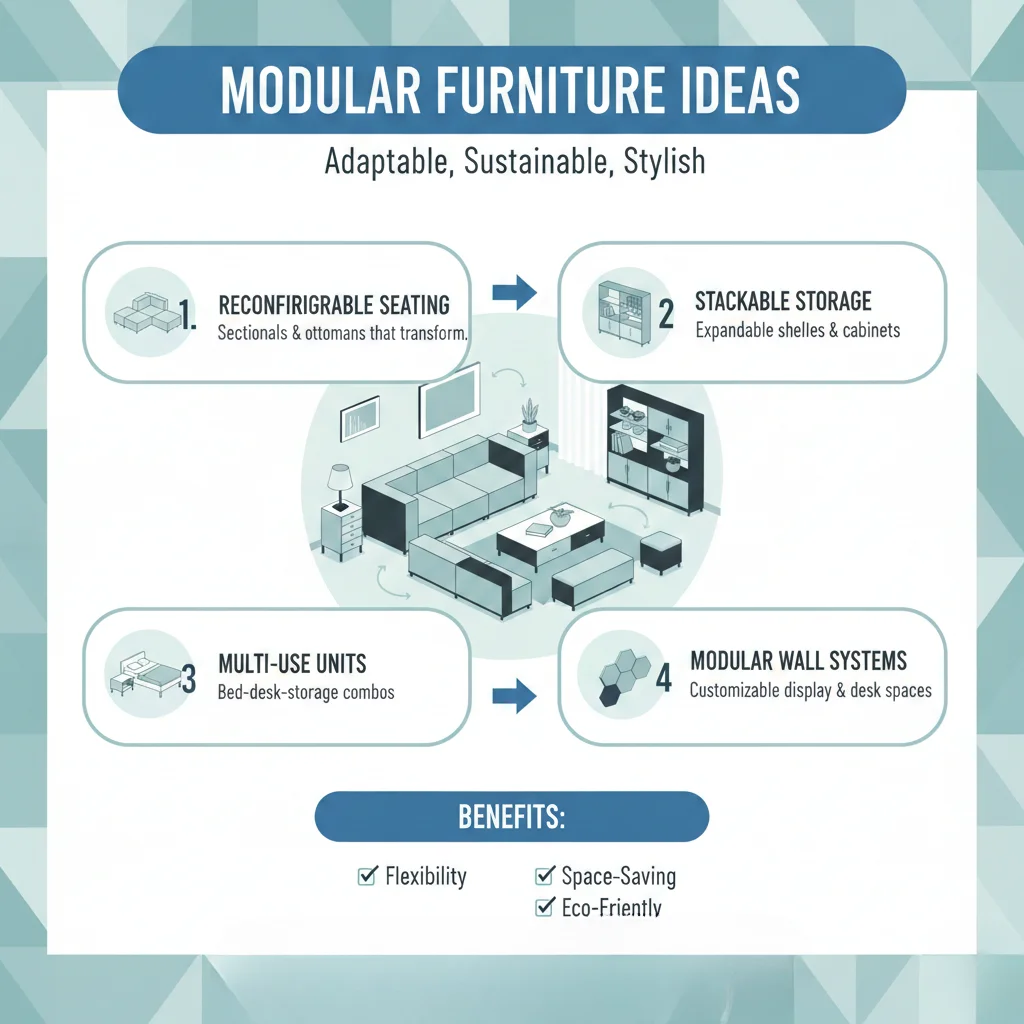 Infographic on modular furniture ideas showing adaptable seating, storage, and eco-friendly units.
