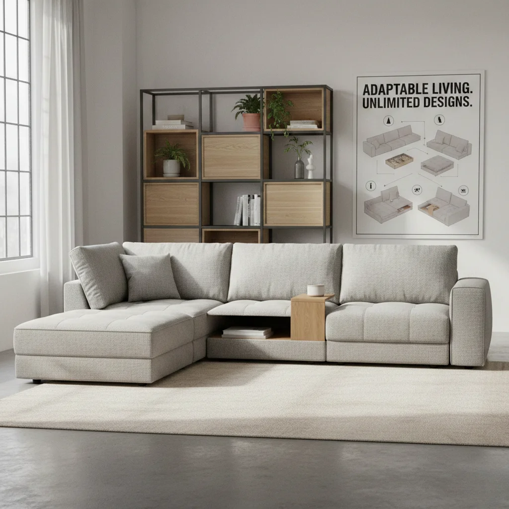 A modern living room with a gray sectional sofa, wooden side table, and bookshelves. A window casts soft light, creating a cozy, adaptable vibe.