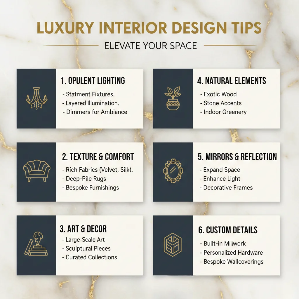 Luxury interior design tips on marble background showcase lighting, textures, art, and elegance.