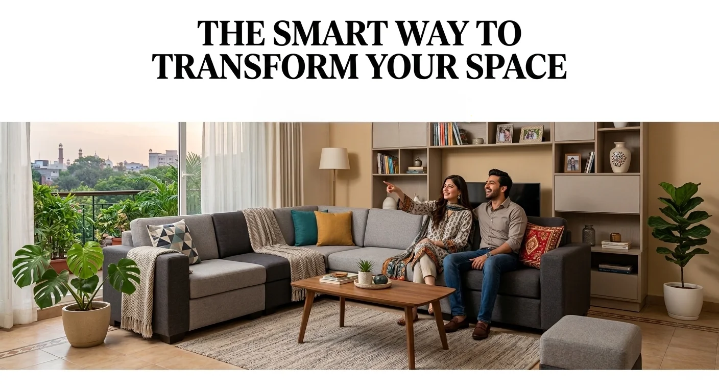 Couple sitting on a gray sectional sofa with plants and décor, showcasing Modular Furniture Pakistan.
