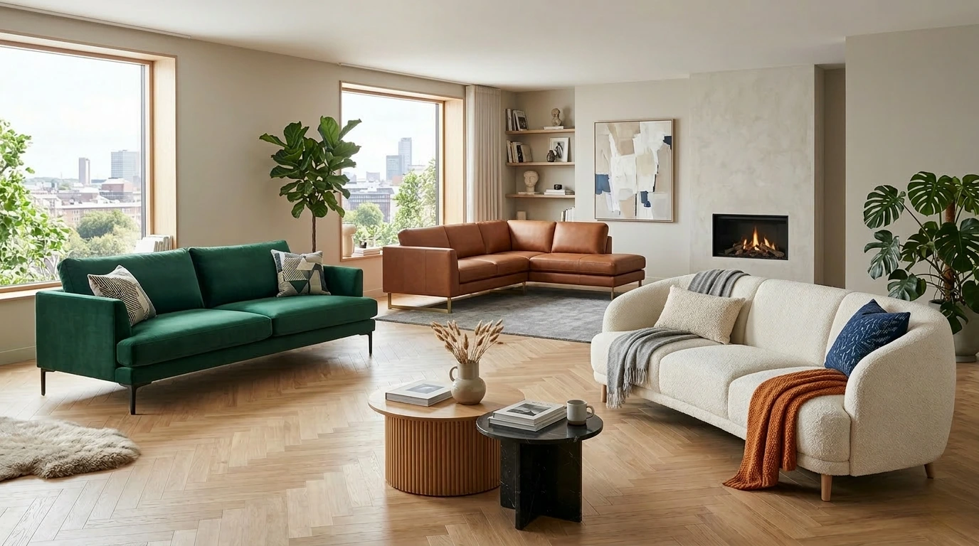 Modern living room with stylish couches showing Latest Sofa Designs Pakistan, bright decor and plants.