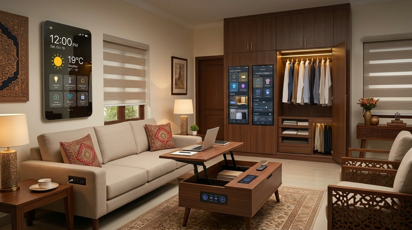 Modern smart living room with digital displays, smart wardrobe, beige sofa, high-tech coffee table, featuring smart furniture Pakistan.